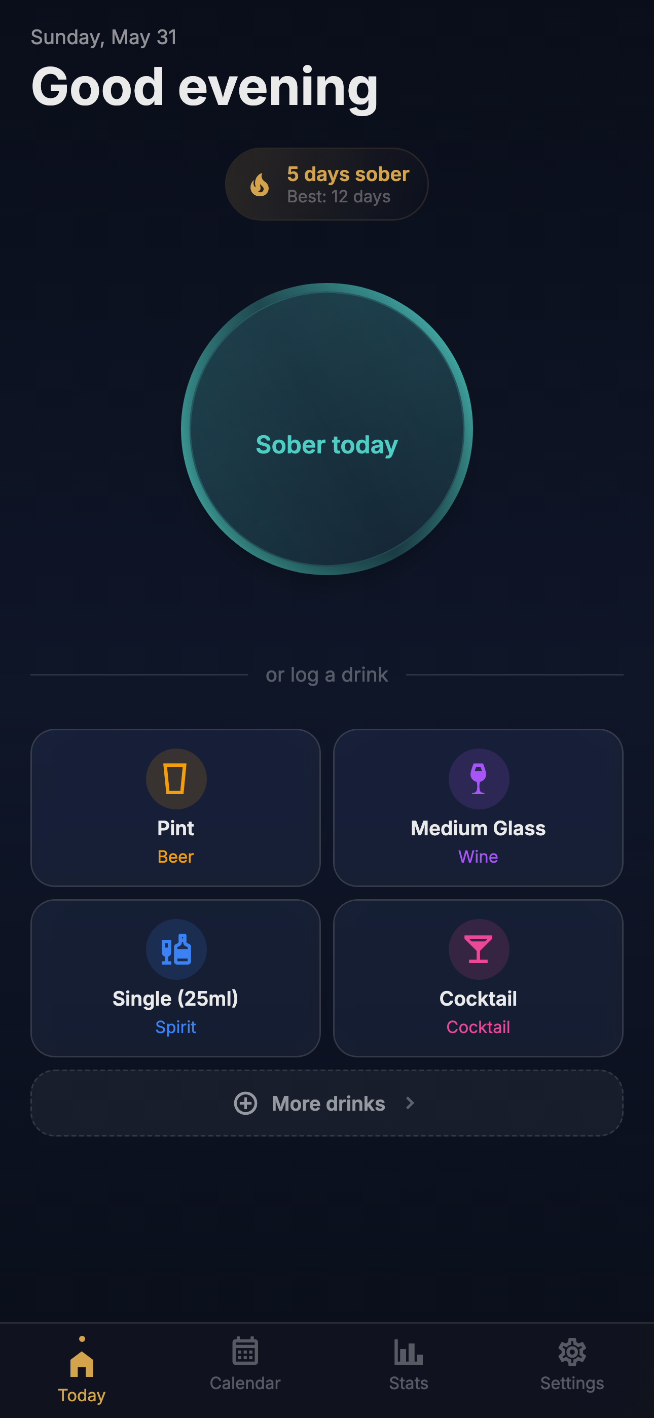 Sober Glass today screen with sober streak
